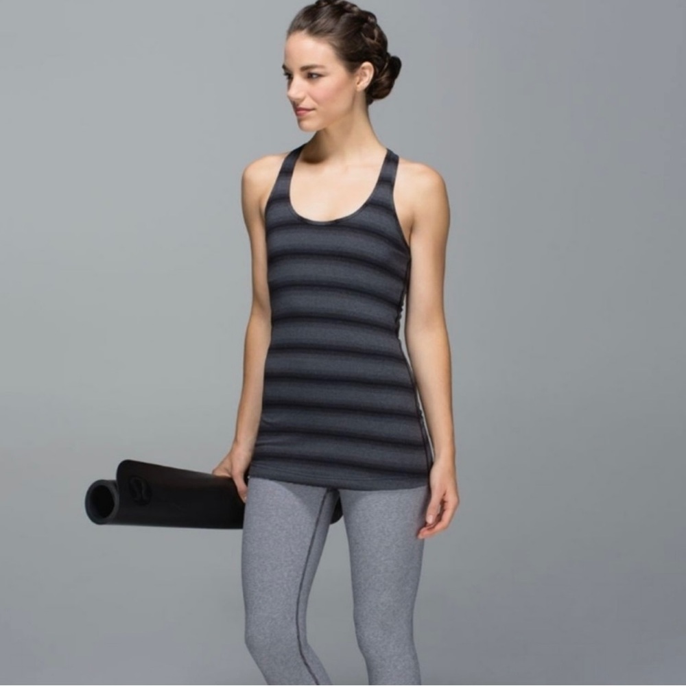 Lululemon Cool Racerback Capilano Stripe Heathered Deep Coal Black tank top Sz 6